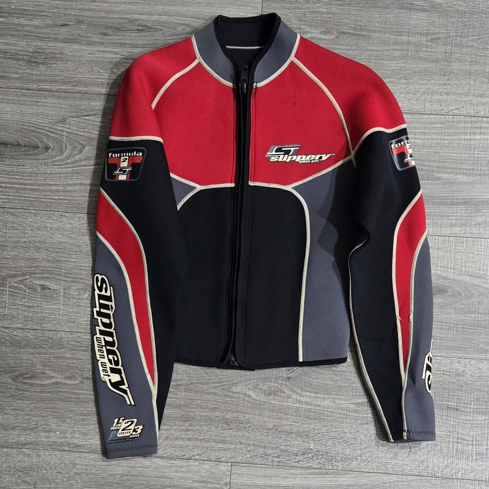 Slippery When Wet Formula 2 Kids Neoprene Wetsuit Jacket Red Black Size M.